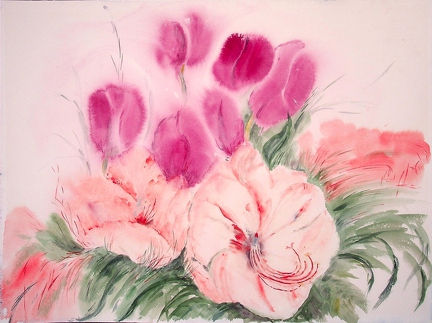 o.J. Blumenstrauß mit roten Tulpen und unbekannten Blüten 48x36cm t